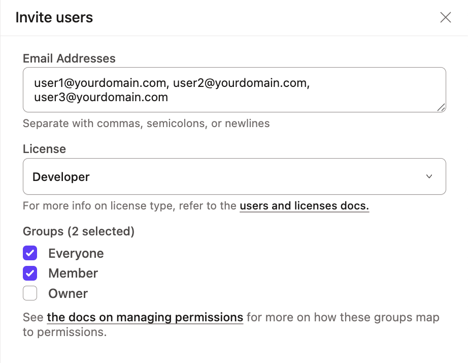 The invite users pane