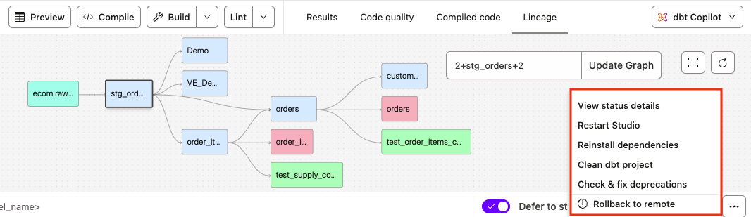 Access the Studio IDE options menu Access the Studio IDE options menu